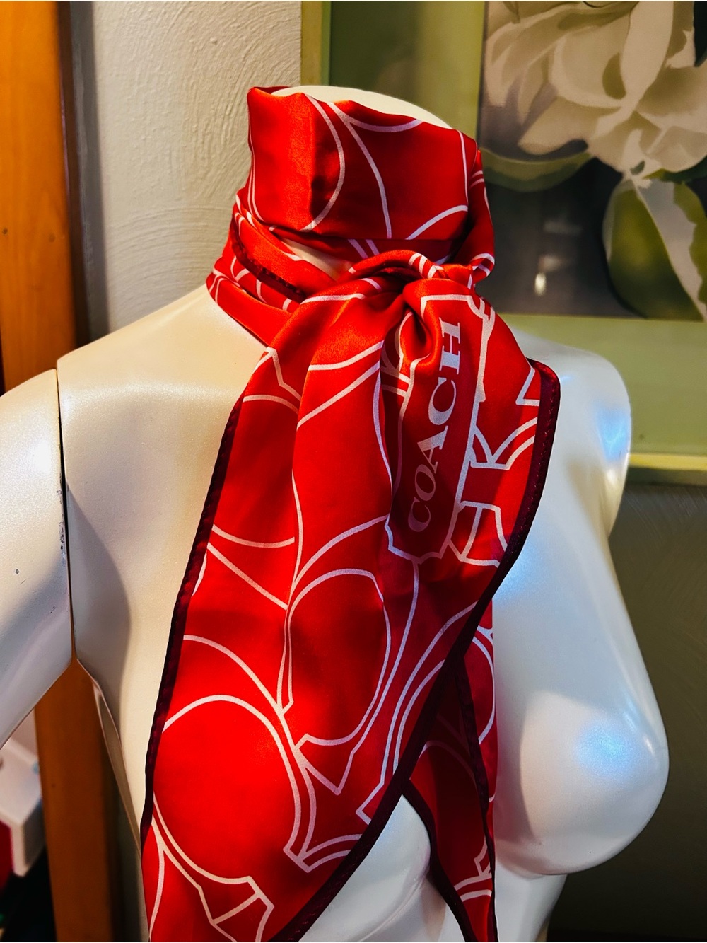 Coach Orange and White Logo Silk Scarf